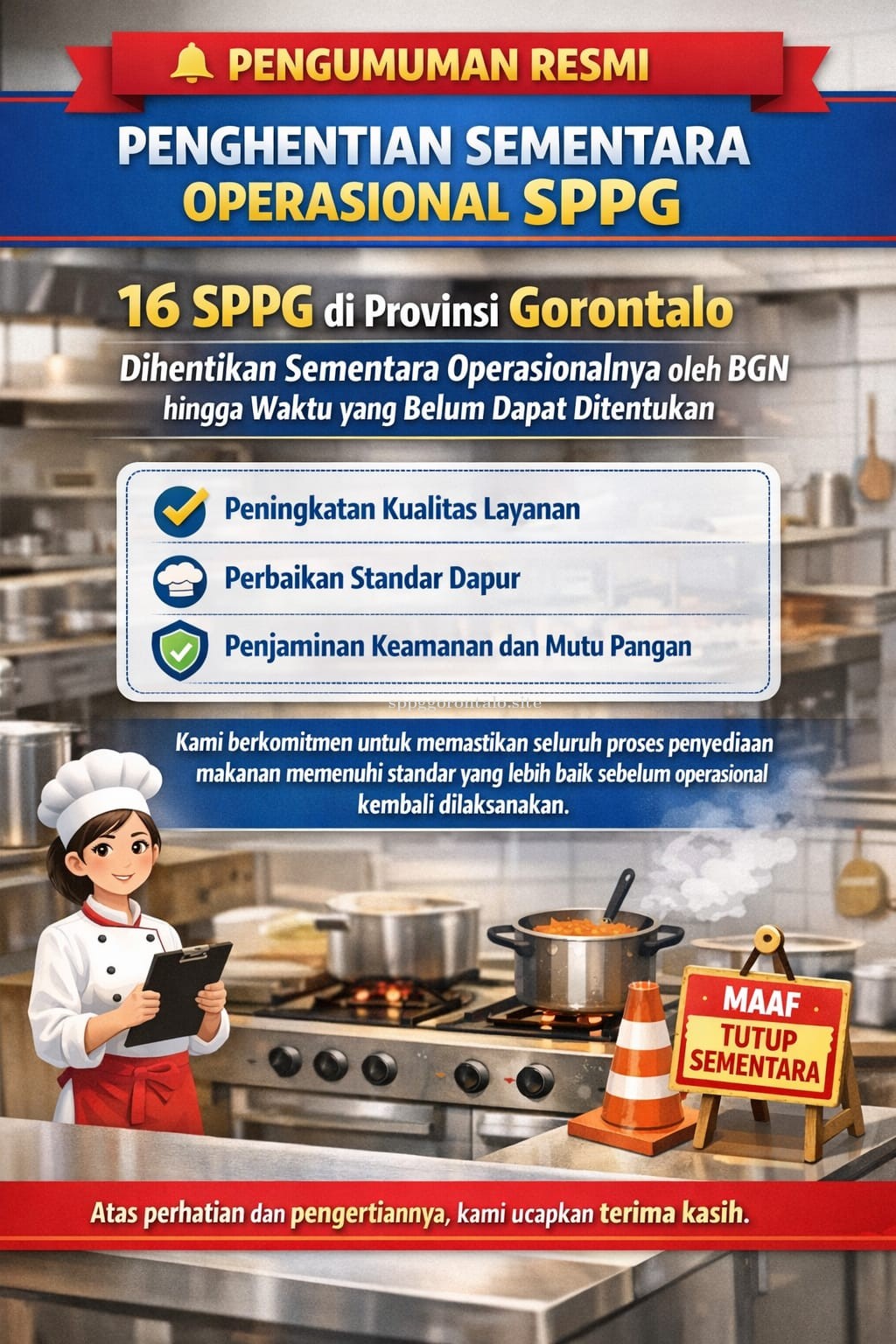 16 SPPG di Provinsi Gorontalo Dihentikan Sementara Operasionalnya oleh BGN untuk Peningkatan Kualitas Layanan dan Standar Dapur